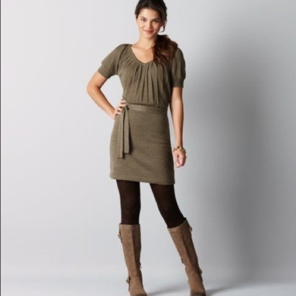 LOFT Olive Green‎ Pleated Knit Merino Wool Blend Dress Short Sleeve Tie Waist M